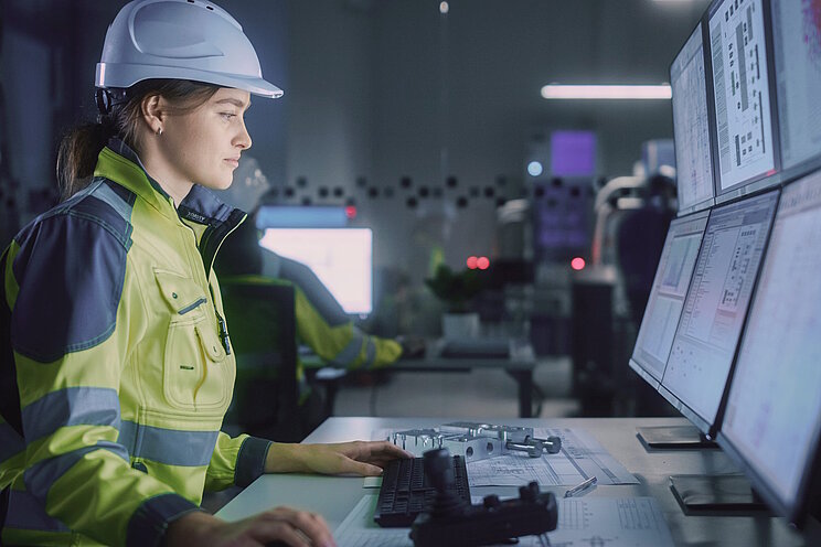 Seitliche Aufnahme einer jungen Frau mit Schutzhelm und Arbeitskleidung. Sie blickt konzentriert auf mehrere große Bildschirme mit technischen Daten.