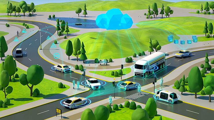 3D-Rendering einer Straßenkreuzung. Die Fahrzeuge kommunizieren miteinander, über ihnen ist eine Cloud