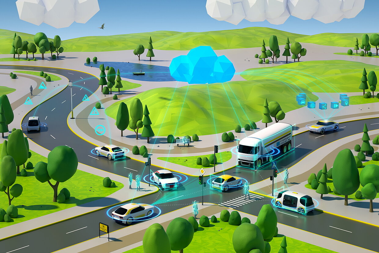 Ein 3D-Rendering zum Thema digitales Ökosystem im Bereich Mobilität.