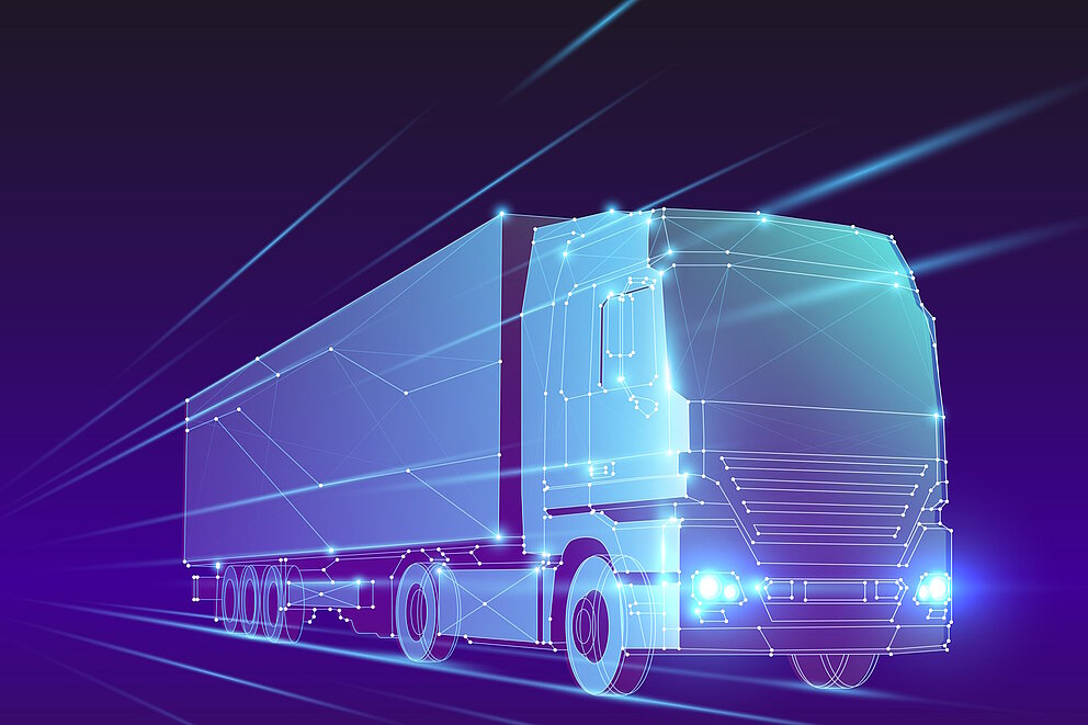 Eine technische Zeichnung eines modernen Lkw in Blautönen, Luftlinien deuten Geschwindigkeit an.