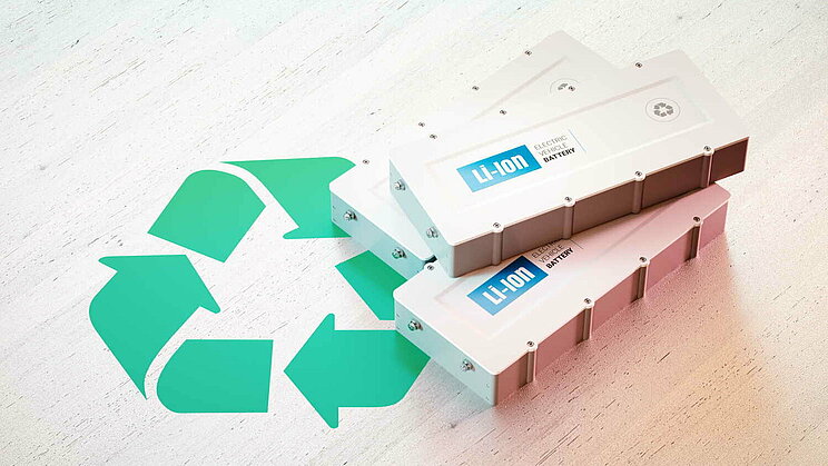 LI-Ion-Batterien und ein Recycling-Symbol.