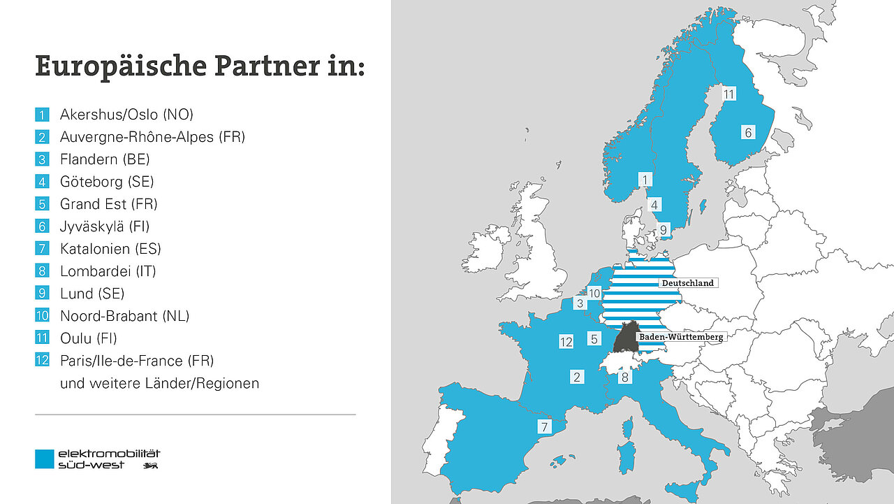 Eine Karte zeigt die europäischen Partner des Clusters Elektromobilität Süd-West