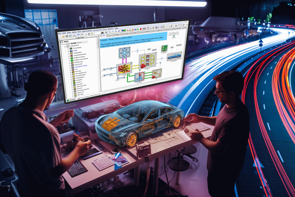 Computergerneriertes Bild mit zwei Personen, einem Auto-Hologramm und einem großen Computer. Rechts daneben ist eine Autobahn dargestellt.