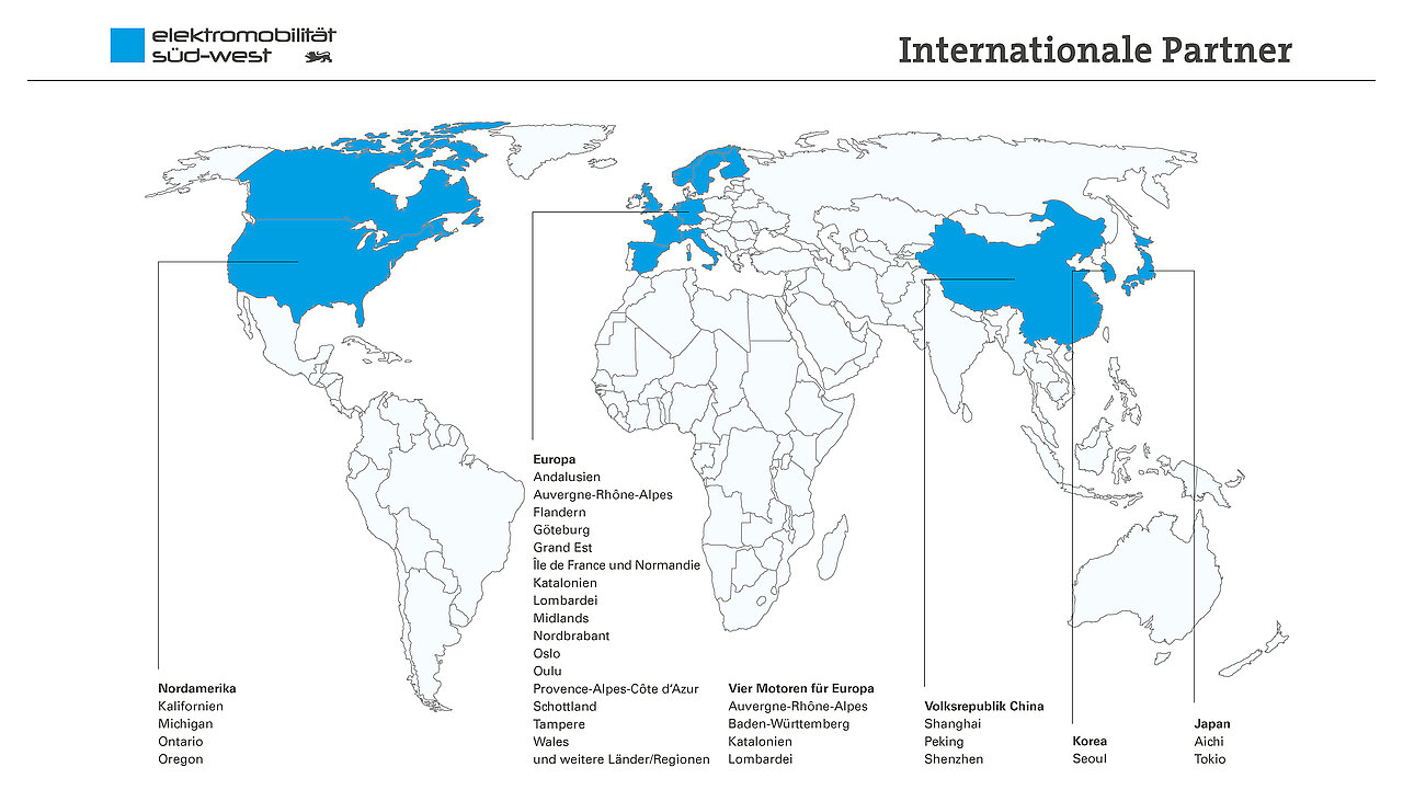 Karte der internationalen Partner der e-mobil BW