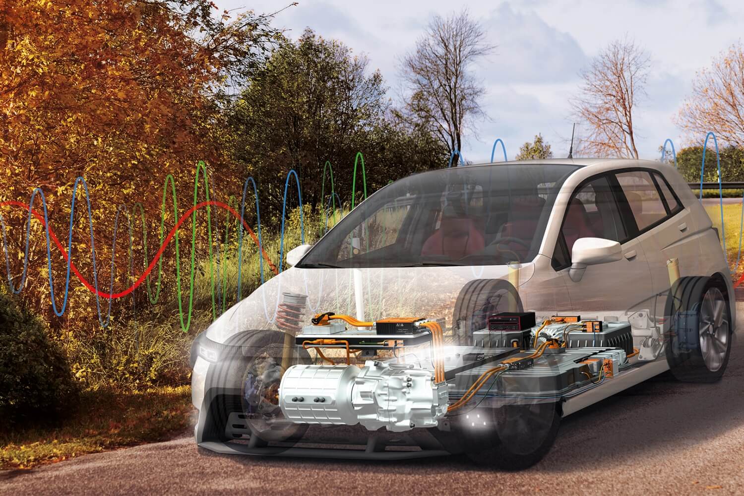 Das Bild zeigt eine Zusammensetzung eines Autos mit transparenten Abschnitten, die die internen Komponenten und Systeme enthüllen. Es ist auf einer Straße mit Bäumen und Himmel im Hintergrund platziert.